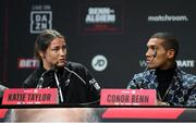 9 December 2021; Katie Taylor, left, with Conor Benn during a press conference ahead of her Undisputed Lightweight Championship bout against Firuza Sharipova at the Liverpool Guild of Students in Liverpool, England. Photo by Mark Robinson / Matchroom Boxing via Sportsfile