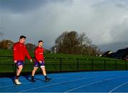 10 December 2021; Munster players, from left, Darragh McSweeney and Conor Moloney arrive for squad training at University of Limerick in Limerick. Photo by Brendan Moran/Sportsfile
