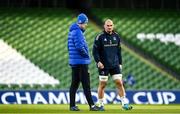 10 December 2021; Rhys Ruddock speaks with head coach Leo Cullen during a Leinster Rugby captain's run at the Aviva Stadium in Dublin. Photo by Harry Murphy/Sportsfile