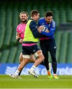 10 December 2021; Players, from right, Hugo Keenan, Scott Penny and Andrew Porter during a Leinster Rugby captain's run at the Aviva Stadium in Dublin. Photo by Harry Murphy/Sportsfile