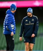 10 December 2021; Ross Byrne speaks with head coach Leo Cullen during a Leinster Rugby captain's run at the Aviva Stadium in Dublin. Photo by Harry Murphy/Sportsfile