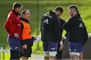 10 December 2021; Academy manager Ian Costello, second from left, speaks to senior players, from left, Chris Farrell, Tadhg Beirne and Peter O'Mahony during Munster Rugby squad training at University of Limerick in Limerick. Photo by Brendan Moran/Sportsfile