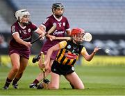 20 June 2021; Grace Walsh of Kilkenny in action against Ailish O'Reilly, left, and Niamh Kilkenny of Galway during the Littlewoods Ireland Camogie League Division 1 Final match between Galway and Kilkenny at Croke Park in Dublin. Photo by Piaras Ó Mídheach/Sportsfile