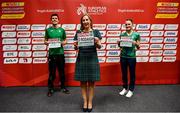 11 December 2021; Cllr Seána Ó Rodaigh, Mayor of Fingal, centre, with Irish athletes Ryan Forsyth and Ciara Mageean after a press conference ahead of the SPAR European Cross Country Championships Fingal-Dublin 2021 at the Sport Ireland Campus in Dublin. Photo by Sam Barnes/Sportsfile