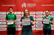 11 December 2021; Cllr Seána Ó Rodaigh, Mayor of Fingal, centre, with Irish athletes Ryan Forsyth and Ciara Mageean after a press conference ahead of the SPAR European Cross Country Championships Fingal-Dublin 2021 at the Sport Ireland Campus in Dublin. Photo by Sam Barnes/Sportsfile
