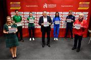 11 December 2021; In attendance during a press conference ahead of the SPAR European Cross Country Championships Fingal-Dublin 2021 are, from left, Cllr Seána Ó Rodaigh, Mayor of Fingal, Ryan Forsyth of Ireland, Ciara Mageean of Ireland, Dobromir Karamarinov, President of European Athletics, Nadia Battocletti of Italy, Jimmy Gressier of France, and Liam Hennessy, Local Organising Committee Chairperson, at the Sport Ireland Campus in Dublin. Photo by Sam Barnes/Sportsfile