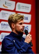 11 December 2021; Jimmy Gressier of France, left, speaking during a press conference ahead of the SPAR European Cross Country Championships Fingal-Dublin 2021 at the Sport Ireland Campus in Dublin. Photo by Sam Barnes/Sportsfile