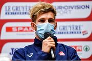 11 December 2021; Jimmy Gressier of France, left, speaking during a press conference ahead of the SPAR European Cross Country Championships Fingal-Dublin 2021 at the Sport Ireland Campus in Dublin. Photo by Sam Barnes/Sportsfile