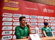 11 December 2021; Ryan Forsyth of Ireland, left, speaking alongside Ciara Mageean during a press conference ahead of the SPAR European Cross Country Championships Fingal-Dublin 2021 at the Sport Ireland Campus in Dublin. Photo by Sam Barnes/Sportsfile