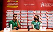 11 December 2021; Ryan Forsyth of Ireland, left, speaking alongside Ciara Mageean during a press conference ahead of the SPAR European Cross Country Championships Fingal-Dublin 2021 at the Sport Ireland Campus in Dublin. Photo by Sam Barnes/Sportsfile