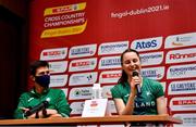 11 December 2021; Ciara Mageean of Ireland, right, speaking alongside Ryan Forsyth during a press conference ahead of the SPAR European Cross Country Championships Fingal-Dublin 2021 at the Sport Ireland Campus in Dublin. Photo by Sam Barnes/Sportsfile