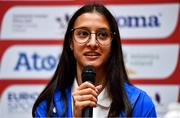 11 December 2021; Nadia Battocletti of Italy speaking during a press conference ahead of the SPAR European Cross Country Championships Fingal-Dublin 2021 at the Sport Ireland Campus in Dublin. Photo by Sam Barnes/Sportsfile