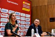 11 December 2021; Cllr Seána Ó Rodaigh, Fingal County Council Mayor, left, speaking during a press conference ahead of the SPAR European Cross Country Championships Fingal-Dublin 2021 at the Sport Ireland Campus in Dublin. Photo by Sam Barnes/Sportsfile