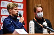 11 December 2021; Jimmy Gressier of France, left, speaking during a press conference ahead of the SPAR European Cross Country Championships Fingal-Dublin 2021 at the Sport Ireland Campus in Dublin. Photo by Sam Barnes/Sportsfile