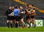 11 December 2021; Mountbellew/Moylough players confront referee Jerome Henry after the AIB Connacht GAA Football Senior Club Championship Semi-Final match between Pádraig Pearses and Mountbellew/Moylough at Dr Hyde Park in Roscommon. Photo by Eóin Noonan/Sportsfile
