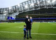 11 December 2021; Former Leinster player Fergus McFadden with his son's Freddie, left, and Alfie before the Heineken Champions Cup Pool A match between Leinster and Bath at Aviva Stadium in Dublin. Photo by Harry Murphy/Sportsfile