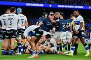 11 December 2021; Tadhg Furlong of Leinster is congratulated by teammat eJamison Gibson-Park after scoring their side's second try during the Heineken Champions Cup Pool A match between Leinster and Bath at Aviva Stadium in Dublin. Photo by Brendan Moran/Sportsfile