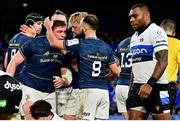 11 December 2021; Tadhg Furlong of Leinster is congratulated by teammate Jamison Gibson-Park after scoring their side's second try during the Heineken Champions Cup Pool A match between Leinster and Bath at Aviva Stadium in Dublin. Photo by Brendan Moran/Sportsfile