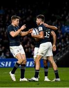 11 December 2021; Hugo Keenan of Leinster celebrates after scoring his side's fourth try with Jamison Gibson-Park and Garry Ringrose during the Heineken Champions Cup Pool A match between Leinster and Bath at Aviva Stadium in Dublin. Photo by Harry Murphy/Sportsfile