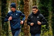 11 December 2021; Ireland athletes Micheal Power, left, and Andrew Coscoran train on the course ahead of the SPAR European Cross Country Championships Fingal-Dublin 2021 at the Sport Ireland Campus in Dublin. Photo by Sam Barnes/Sportsfile
