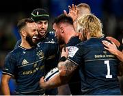 11 December 2021; Rónan Kelleher of Leinster, centre, celebrates after scoring his side's sixth try with team-mates including Jamison Gibson-Park during the Heineken Champions Cup Pool A match between Leinster and Bath at Aviva Stadium in Dublin. Photo by Harry Murphy/Sportsfile