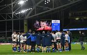 11 December 2021; The Bath team huddle after their defeat in the Heineken Champions Cup Pool A match between Leinster and Bath at Aviva Stadium in Dublin. Photo by Ramsey Cardy/Sportsfile