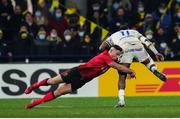 11 December 2021; Alivereti Raka of Clermont Auvergne is tackled by John Cooney of Ulster during the Heineken Champions Cup Pool A match between ASM Clermont Auvergne and Ulster at Stade Marcel-Michelin in Clermont-Ferrand, France. Photo by Julien Poupart/Sportsfile