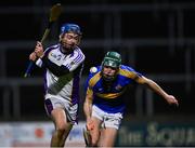11 December 2021; Oisín O'Rorke of Kilmacud Crokes shoots to score his side's first goal, under pressure from Diarmaid Conway of Clough-Ballacolla, during the 2021 AIB Leinster Club Senior Hurling Championship Semi-Final match between Clough-Ballacolla and Kilmacud Crokes at MW Hire O'Moore Park in Portlaoise, Laois. Photo by Piaras Ó Mídheach/Sportsfile