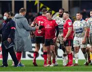 11 December 2021; Billy Burns, centre, and John Cooney of Ulster celebrate with teammate Duane Vermeulen after the Heineken Champions Cup Pool A match between ASM Clermont Auvergne and Ulster at Stade Marcel-Michelin in Clermont-Ferrand, France. Photo by Julien Poupart/Sportsfile