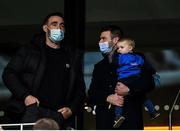 11 December 2021; Former Leinster player Fergus McFadden, holding his son Alfie, speaks with Jack Conan before the Heineken Champions Cup Pool A match between Leinster and Bath at Aviva Stadium in Dublin. Photo by Harry Murphy/Sportsfile