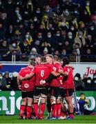 11 December 2021; Ulster players huddle during the Heineken Champions Cup Pool A match between ASM Clermont Auvergne and Ulster at Stade Marcel-Michelin in Clermont-Ferrand, France. Photo by Julien Poupart/Sportsfile