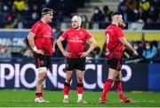 11 December 2021; Rob Herring, left, Mike Lowry and John Cooney of Ulster during the Heineken Champions Cup Pool A match between ASM Clermont Auvergne and Ulster at Stade Marcel-Michelin in Clermont-Ferrand, France. Photo by Julien Poupart/Sportsfile