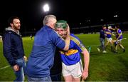 11 December 2021; Willie Dunphy of Clough-Ballacolla is congratulated by a supporter after his side's victory in the 2021 AIB Leinster Club Senior Hurling Championship Semi-Final match between Clough-Ballacolla and Kilmacud Crokes at MW Hire O'Moore Park in Portlaoise, Laois. Photo by Piaras Ó Mídheach/Sportsfile