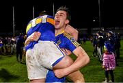 11 December 2021; Clough-Ballacolla players Robbie Phelan, behind, and Jordan Walshe celebrate after their side's victory in the 2021 AIB Leinster Club Senior Hurling Championship Semi-Final match between Clough-Ballacolla and Kilmacud Crokes at MW Hire O'Moore Park in Portlaoise, Laois. Photo by Piaras Ó Mídheach/Sportsfile