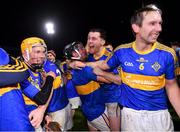 11 December 2021; Aidan Corby of Clough-Ballacolla, second from right, celebrates with team-mate Lee Cleere after their side's victory in the 2021 AIB Leinster Club Senior Hurling Championship Semi-Final match between Clough-Ballacolla and Kilmacud Crokes at MW Hire O'Moore Park in Portlaoise, Laois. Photo by Piaras Ó Mídheach/Sportsfile