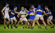 11 December 2021; Fergal Whitely of Kilmacud Crokes is tackled by Mark Hennessy of Clough-Ballacolla, left, during the 2021 AIB Leinster Club Senior Hurling Championship Semi-Final match between Clough-Ballacolla and Kilmacud Crokes at MW Hire O'Moore Park in Portlaoise, Laois. Photo by Piaras Ó Mídheach/Sportsfile