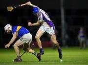 11 December 2021; Caolan Conway of Kilmacud Crokes in action against Eoin Doyle of Clough-Ballacolla during the 2021 AIB Leinster Club Senior Hurling Championship Semi-Final match between Clough-Ballacolla and Kilmacud Crokes at MW Hire O'Moore Park in Portlaoise, Laois. Photo by Piaras Ó Mídheach/Sportsfile