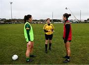 11 December 2021; Referee Angela Gallagher with captains Máire O'Shaughnessy of Meath, left, and Jessica Hurley of TG4 Underdogs before the match between Meath and TG4 Underdogs at Donaghmore Ashbourne GAA club in Ashbourne, Meath. Photo by David Fitzgerald/Sportsfile