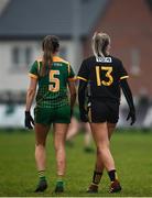 11 December 2021; Katelyn O'Sullivan of TG4 Underdogs and Jessica McCarthy of Meath during the match between Meath and TG4 Underdogs at Donaghmore Ashbourne GAA club in Ashbourne, Meath. Photo by David Fitzgerald/Sportsfile