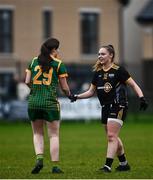 11 December 2021; Bridgetta Lynch of Meath and Elaine Ni Niadh of TG4 Underdogs shake hands after the match between Meath and TG4 Underdogs at Donaghmore Ashbourne GAA club in Ashbourne, Meath. Photo by David Fitzgerald/Sportsfile
