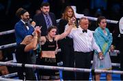 11 December 2021; Katie Taylor is declared victorious after her Undisputed Lightweight Championship bout against Firuza Sharipova at M&S Bank Arena in Liverpool, England. Photo by Stephen McCarthy/Sportsfile