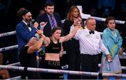 11 December 2021; Katie Taylor is declared victorious after her Undisputed Lightweight Championship bout against Firuza Sharipova at M&S Bank Arena in Liverpool, England. Photo by Stephen McCarthy/Sportsfile