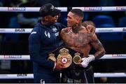 11 December 2021; Conor Benn celebrates with his father Nigel Benn following his WBA Continental Welterweight Title bout with Chris Algieri at M&S Bank Arena in Liverpool, England. Photo by Stephen McCarthy/Sportsfile