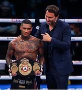11 December 2021; Conor Benn celebrates with promoter Eddie Hearn following his WBA Continental Welterweight Title bout with Chris Algieri at M&S Bank Arena in Liverpool, England. Photo by Stephen McCarthy/Sportsfile
