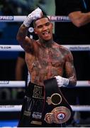 11 December 2021; Conor Benn celebrates following his WBA Continental Welterweight Title bout with Chris Algieri at M&S Bank Arena in Liverpool, England. Photo by Stephen McCarthy/Sportsfile