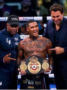 11 December 2021; Conor Benn celebrates with his father Nigel Benn and promoter Eddie Hearn following his WBA Continental Welterweight Title bout with Chris Algieri at M&S Bank Arena in Liverpool, England. Photo by Stephen McCarthy/Sportsfile