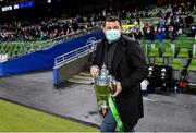 11 December 2021; Reggie Corrigan, captain of the Leinster squad of 2000/01, with the Celtic League trophy, before the squad are introduced to the crowd at half-time during the Heineken Champions Cup Pool A match between Leinster and Bath at Aviva Stadium in Dublin. Photo by Brendan Moran/Sportsfile