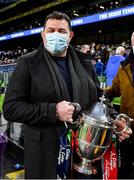 11 December 2021; Reggie Corrigan, captain of the Leinster squad of 2000/01, with the Celtic League trophy, before the squad are introduced to the crowd at half-time during the Heineken Champions Cup Pool A match between Leinster and Bath at Aviva Stadium in Dublin. Photo by Brendan Moran/Sportsfile