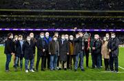 11 December 2021; The Leinster squad of 2000/01, led by captain Reggie Corrigan with the Celtic League trophy, are introduced to the crowd at half-time during the Heineken Champions Cup Pool A match between Leinster and Bath at Aviva Stadium in Dublin. Photo by Brendan Moran/Sportsfile