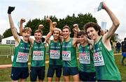 12 December 2021; The Ireland team, from left, Nick Griggs, Scott Fagan, Abdel Laadjel, Sean Kay, Cathal O'Reilly and Dean Casey after finishing second in the U20 Men's 6000m during the SPAR European Cross Country Championships Fingal-Dublin 2021 at the Sport Ireland Campus in Dublin. Photo by Sam Barnes/Sportsfile